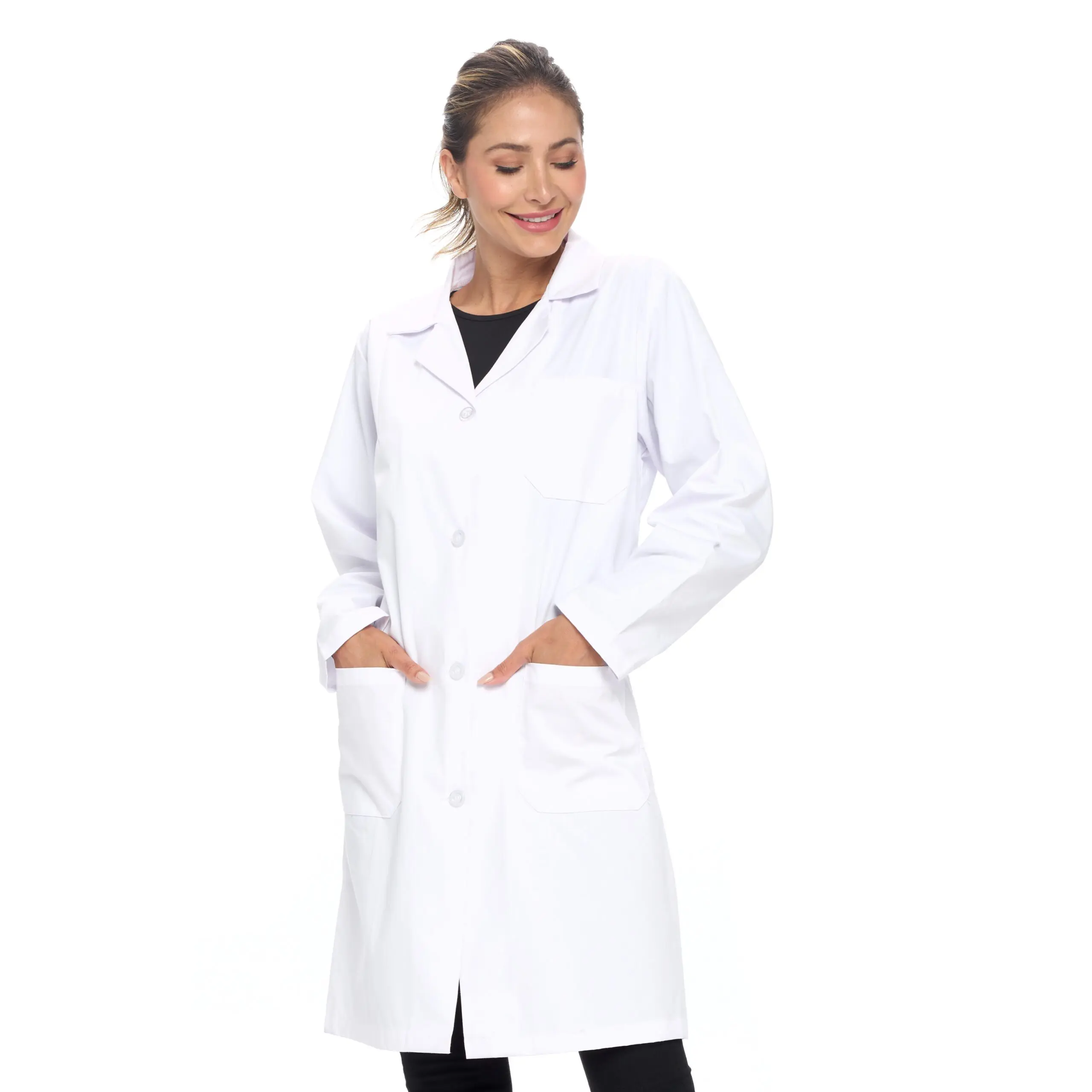 Wholesale women's white lab coat with long sleeves, button front, and pockets
