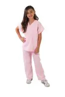 Wholesale pink children's scrub set with short-sleeve v-neck top and straight-leg pants