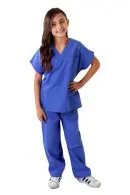 Wholesale kids' royal blue two-piece scrub set with v-neck top and drawstring pants
