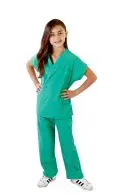 Wholesale children's teal v-neck scrub set with short sleeve top and drawstring pants