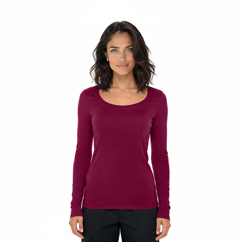 Wholesale women's burgundy long sleeve scoop neck t-shirt