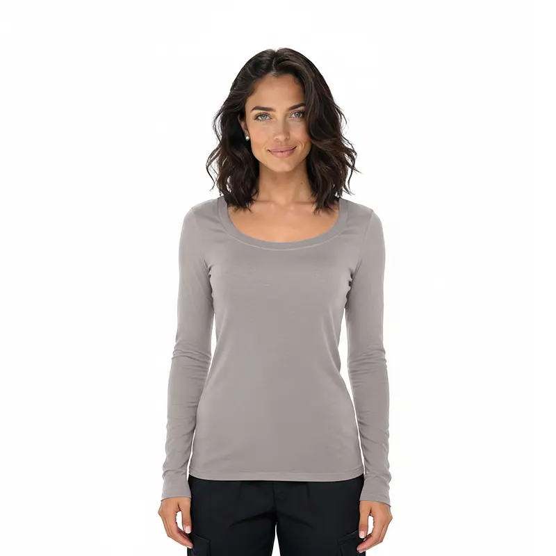 Wholesale women's gray long-sleeve scoop neck t-shirt