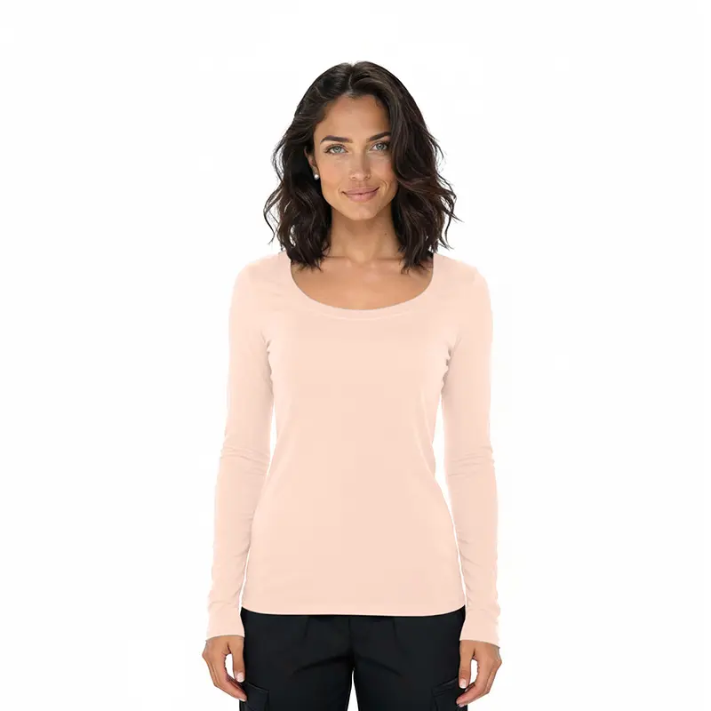 Wholesale women's long sleeve scoop neck fitted t-shirt in blush pink