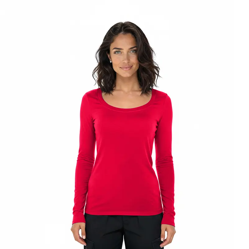 Wholesale women's red long-sleeve scoop neck t-shirt