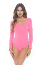 Wholesale women's hot pink long sleeve scoop neck bodysuit