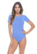 Wholesale women's blue short sleeve bodysuit with crew neckline