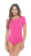 Wholesale women's hot pink short sleeve swimsuit bodysuit with crew neckline