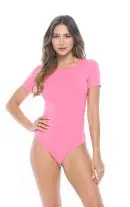 Wholesale women's pink short sleeve bodysuit with crew neckline