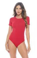 Wholesale women's red short-sleeve bodysuit with crew neckline and snap closure