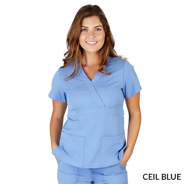 Wholesale women's ceil blue short-sleeve wrap scrub top with front pockets