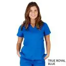 Wholesale women's true royal blue short-sleeve scrub top with v-neck and multiple pockets