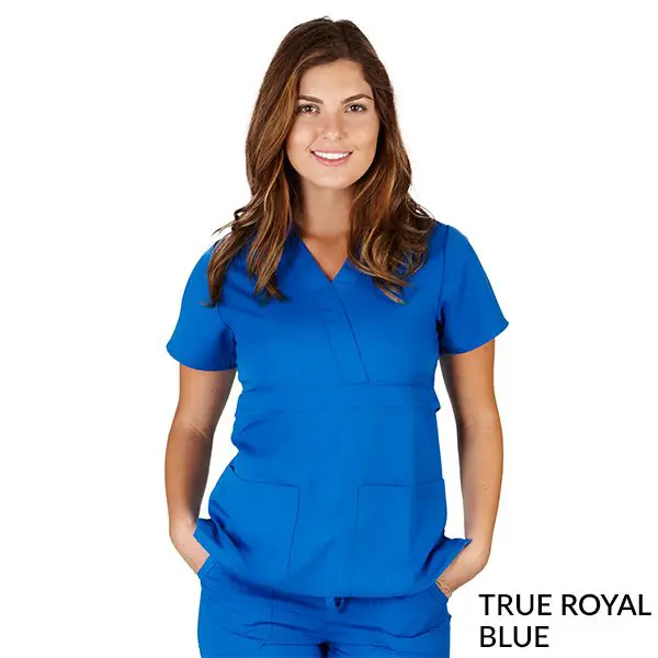 Wholesale women's true royal blue short-sleeve scrub top with v-neckline and pockets
