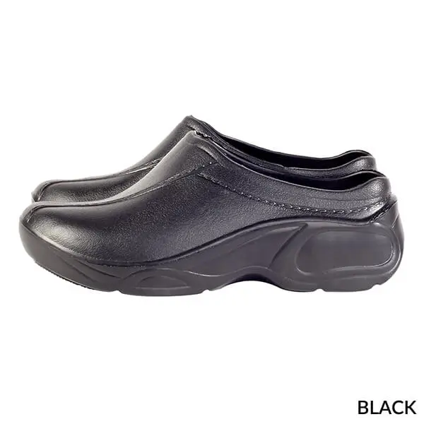 Wholesale black slip-on clog shoe with cushioned sole and leather upper