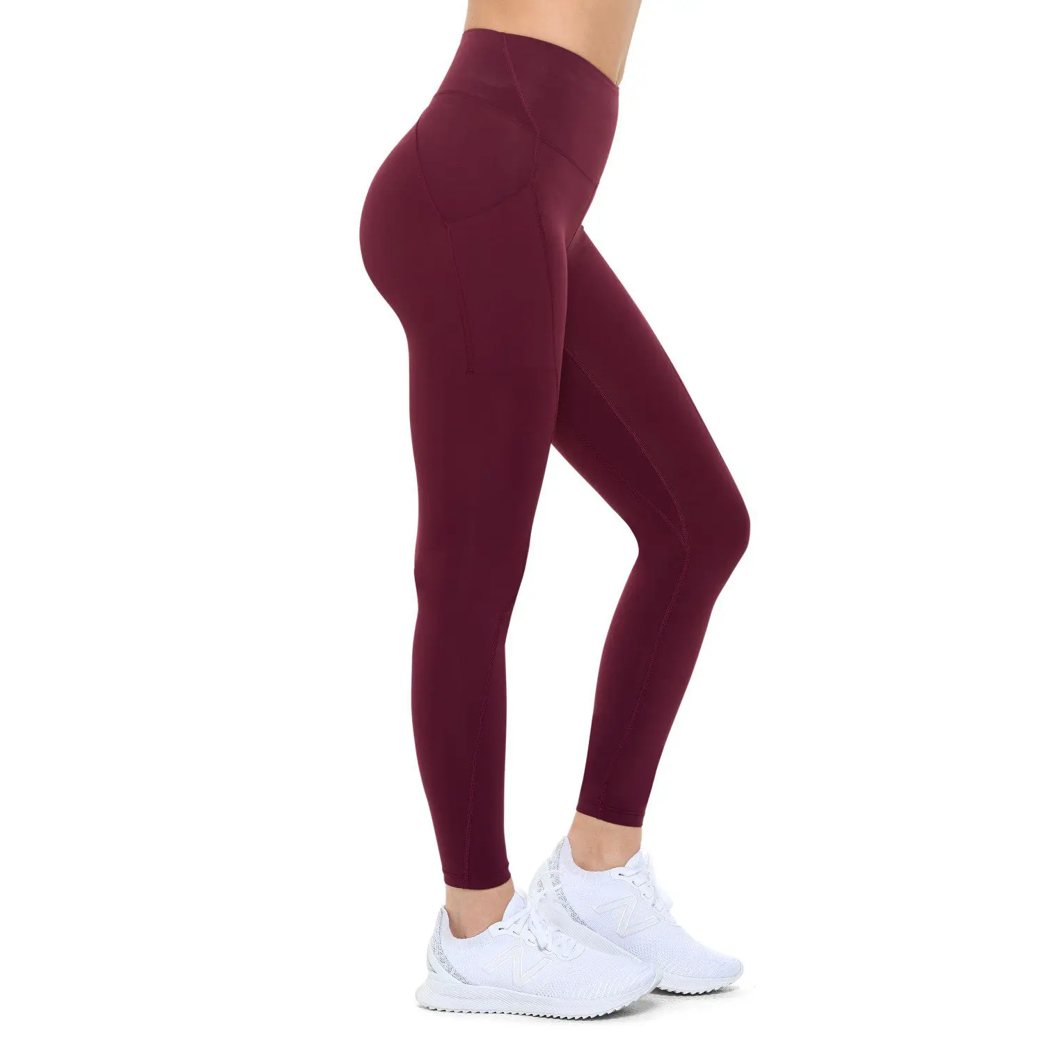 Wholesale women's burgundy high-waisted leggings with side seams and ankle cuffs