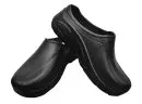 Wholesale black leather slip-on clogs with cushioned soles and textured uppers