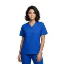 Wholesale women's blue scrub top with v-neck and multiple pockets