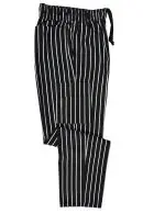 Wholesale black and white pinstriped joggers with drawstring waist and tapered ankles