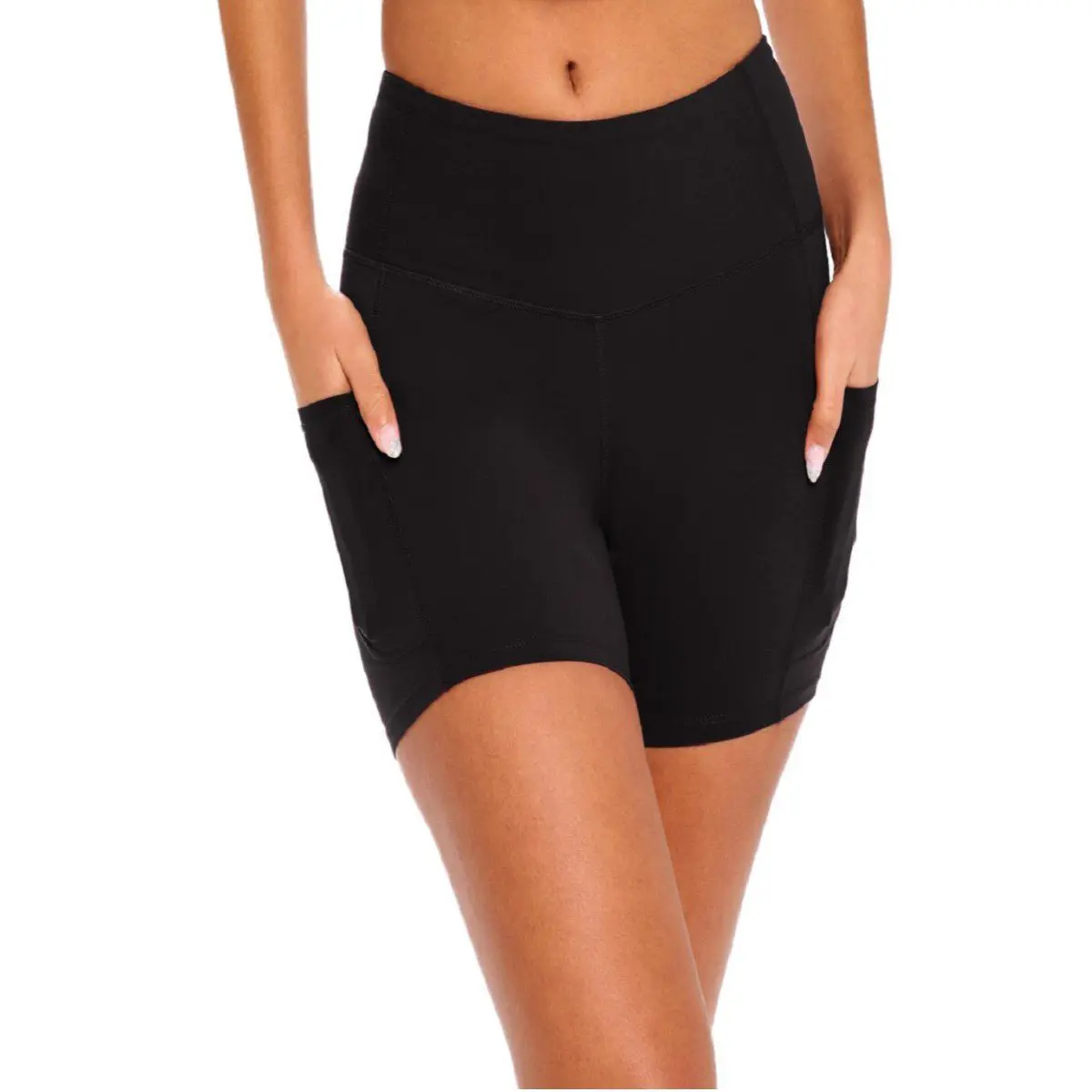 Wholesale women's black high-waisted shorts with pockets and side seam details