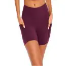 Wholesale women's maroon high-waisted shorts with side pockets and a v-shaped waistband