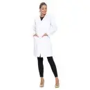 Wholesale women's white lab coat with long sleeves, notch collar, and front pockets worn over black leggings