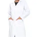 Wholesale women's white lab coat with long sleeves, notch lapel, button front, and front pockets