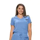 Wholesale women's blue v-neck scrub top with short sleeves and chest pocket