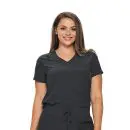 Wholesale women's black v-neck scrub top with short sleeves and chest pocket