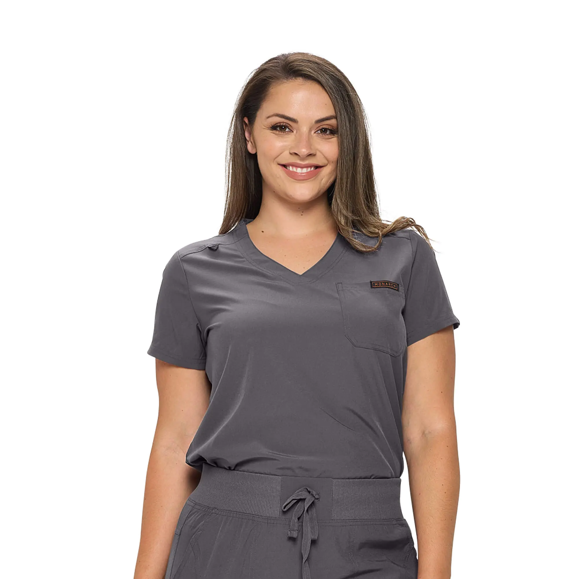 Wholesale women's gray v-neck scrub top with short sleeves and chest pocket