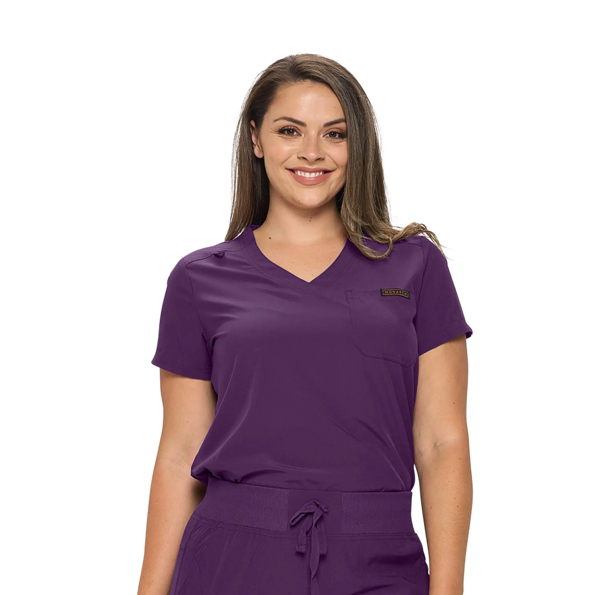 Wholesale women's purple v-neck scrub top with short sleeves and chest pocket