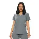 Wholesale women's gray v-neck scrub top with short sleeves and front pockets