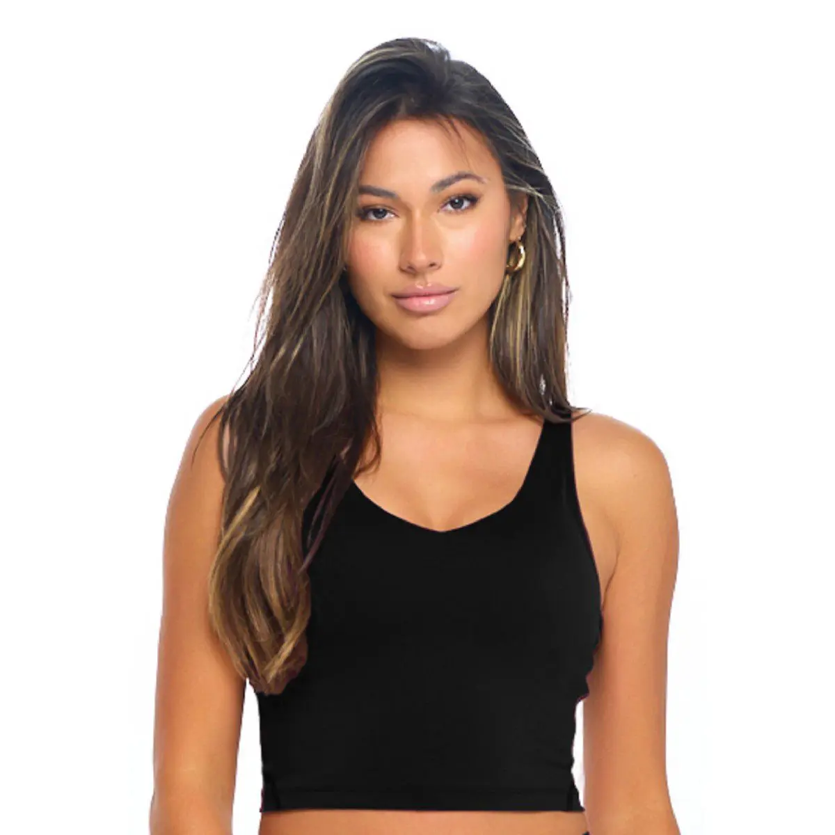 Wholesale women's black v-neck tank top with gold hoop earrings