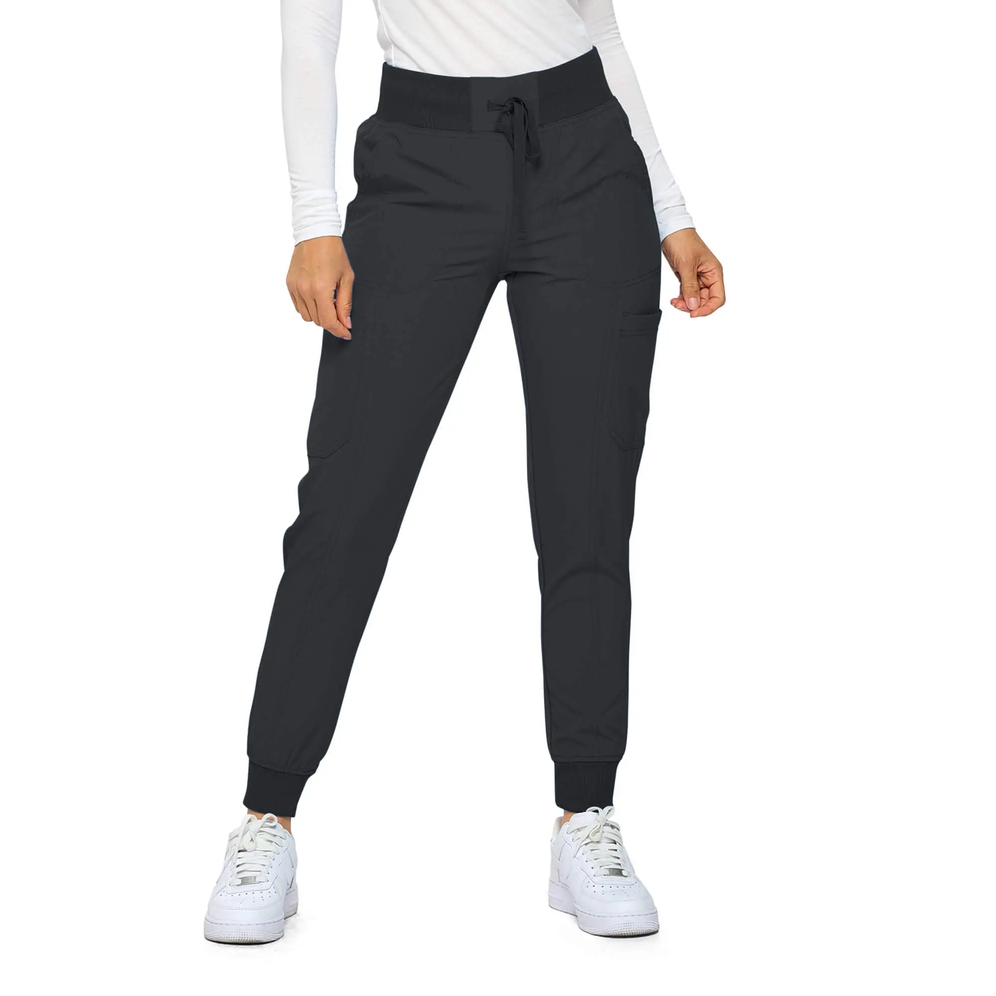 Wholesale women's black jogger pants with drawstring waist and cuffed ankles