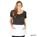 Wholesale women's two-tone short sleeve top with charcoal upper and white lower section, featuring chest pocket detail