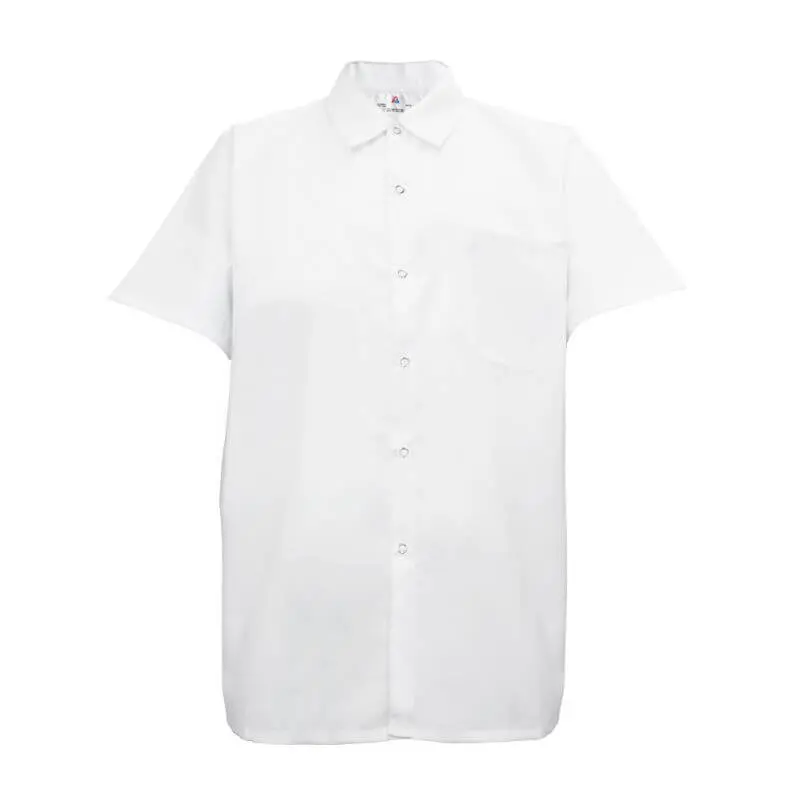 Wholesale white short-sleeve button-up shirt with collar and chest pocket