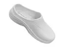Wholesale white leather slip-on clog with cushioned sole and natural unit branding on insole
