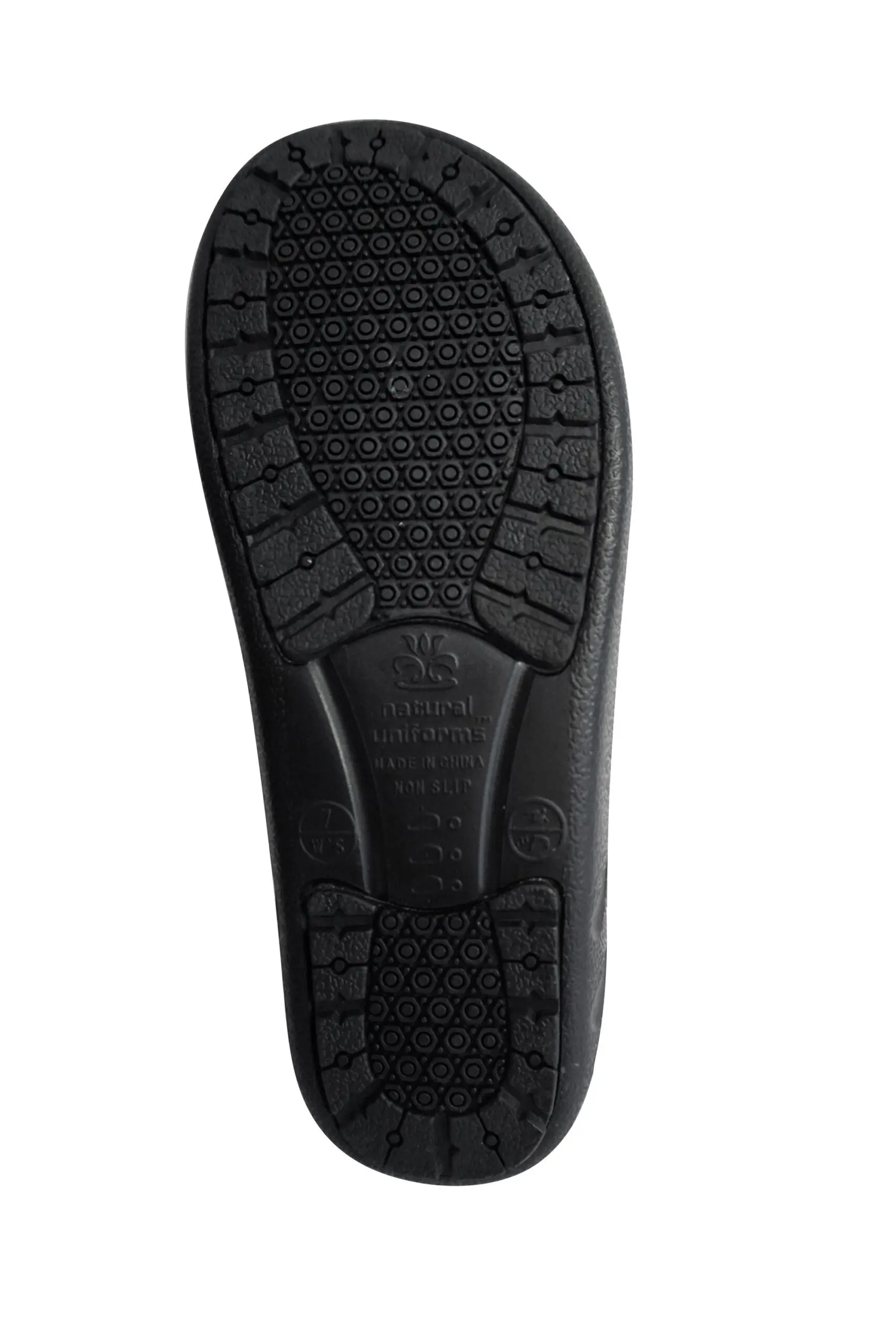 Wholesale black non-slip shoe sole with hexagonal tread pattern and natural uniforms branding