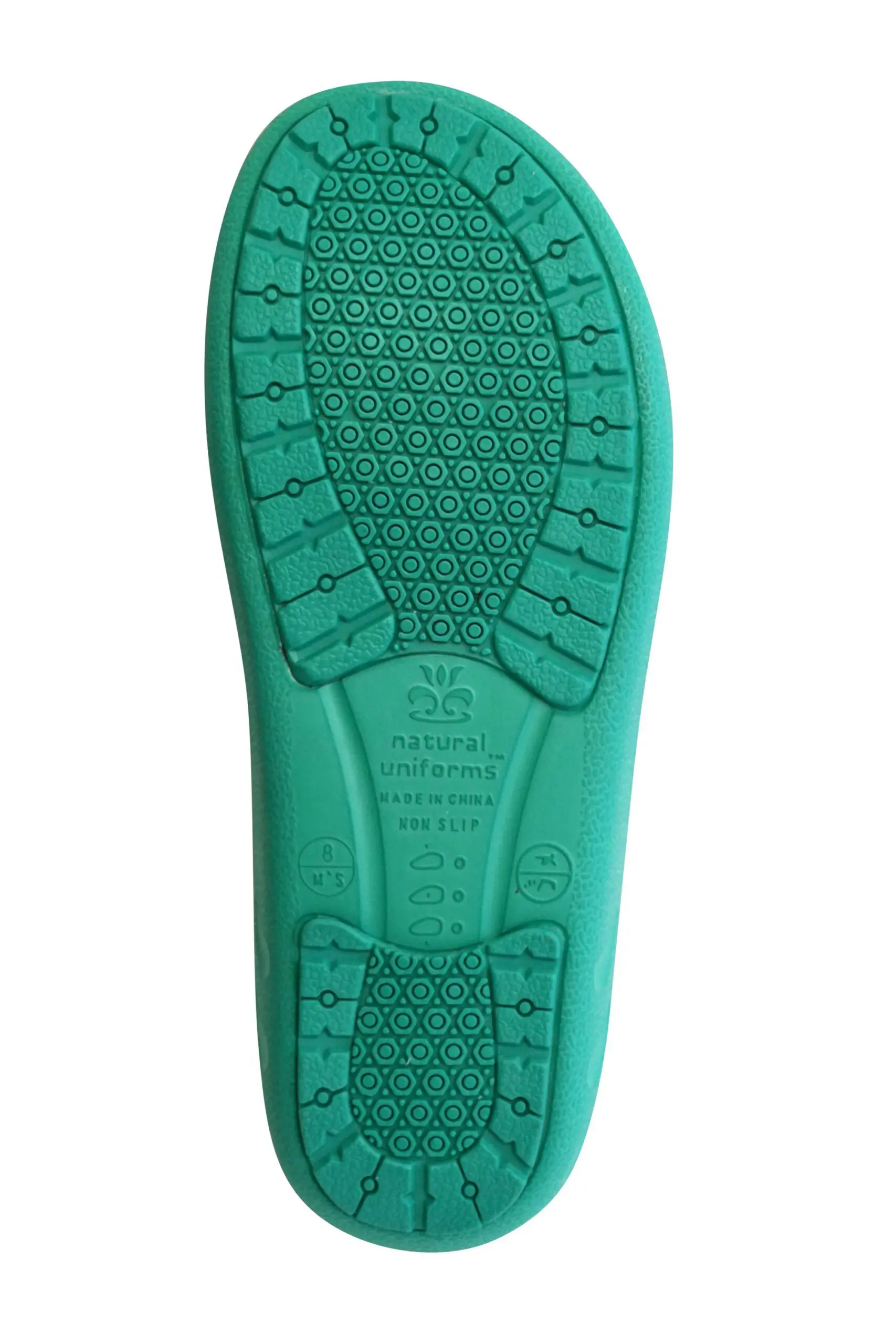 Wholesale green non-slip shoe sole with circular tread pattern and natural uniforms branding
