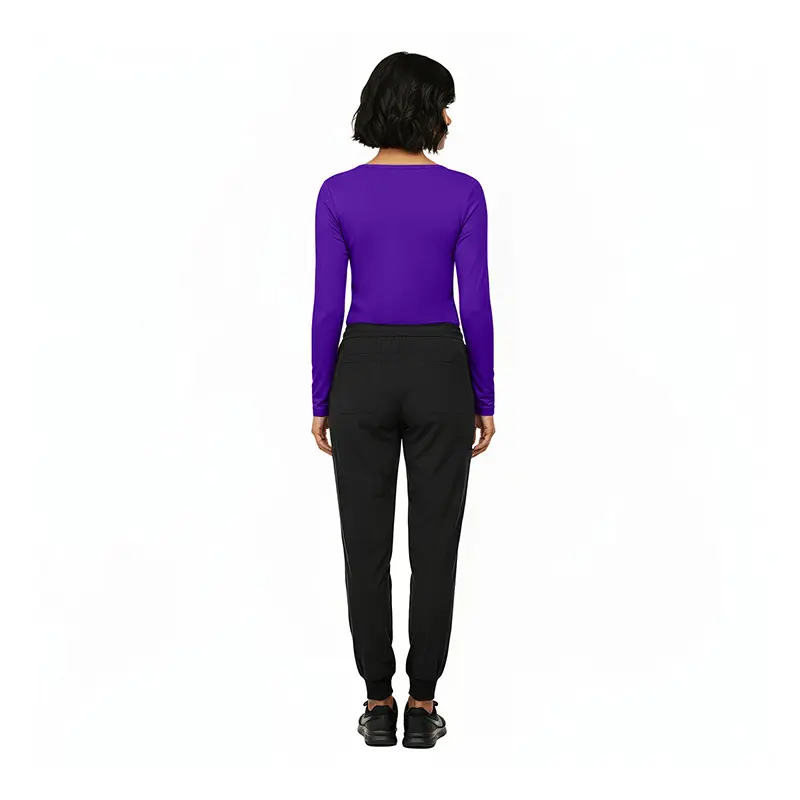Wholesale women's purple long-sleeve crop top and black jogger pants set, rear view