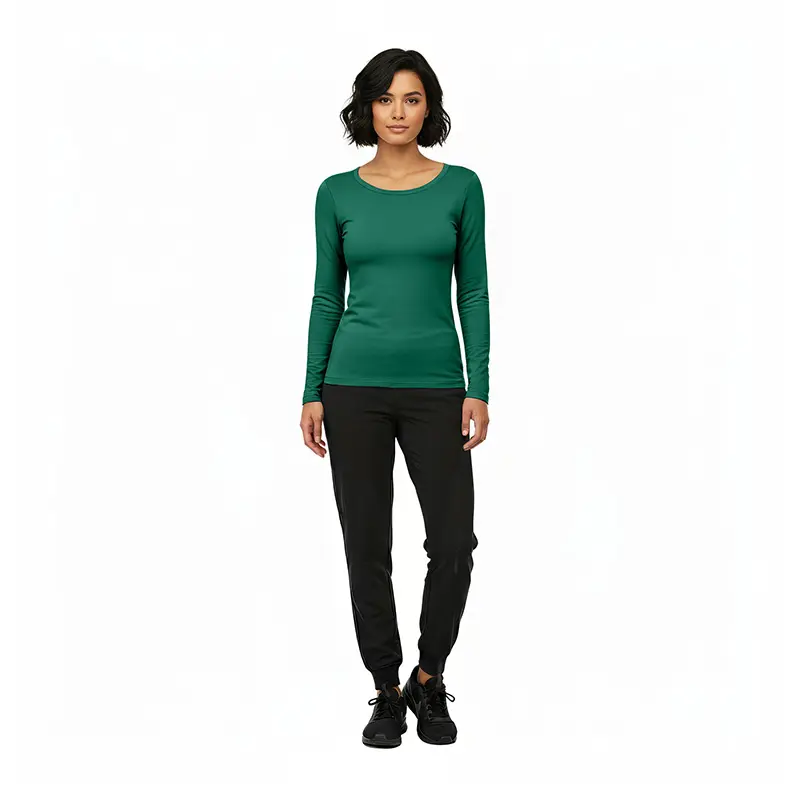 Wholesale women's green long-sleeve crew neck top with black jogger pants and black lace-up shoes