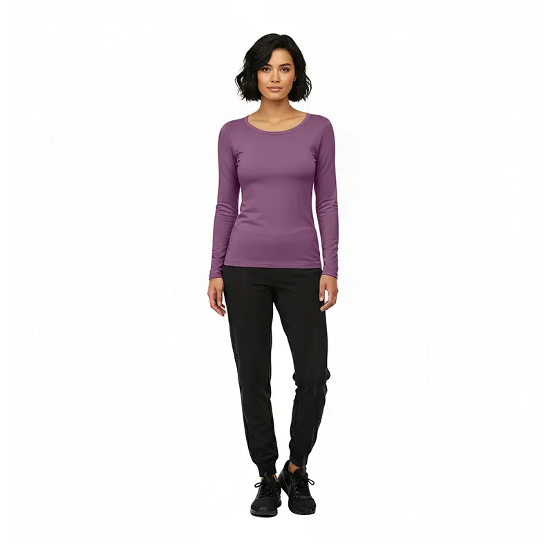Wholesale women's purple long-sleeve fitted tee with black jogger pants and black lace-up shoes