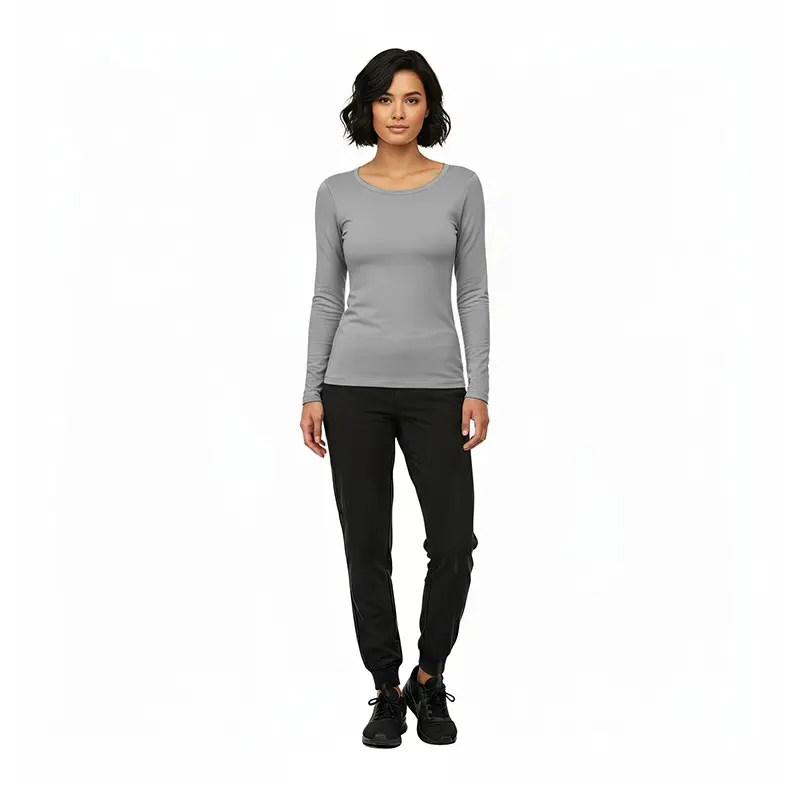 Wholesale women's gray long-sleeve crew neck top with black jogger pants and black lace-up shoes