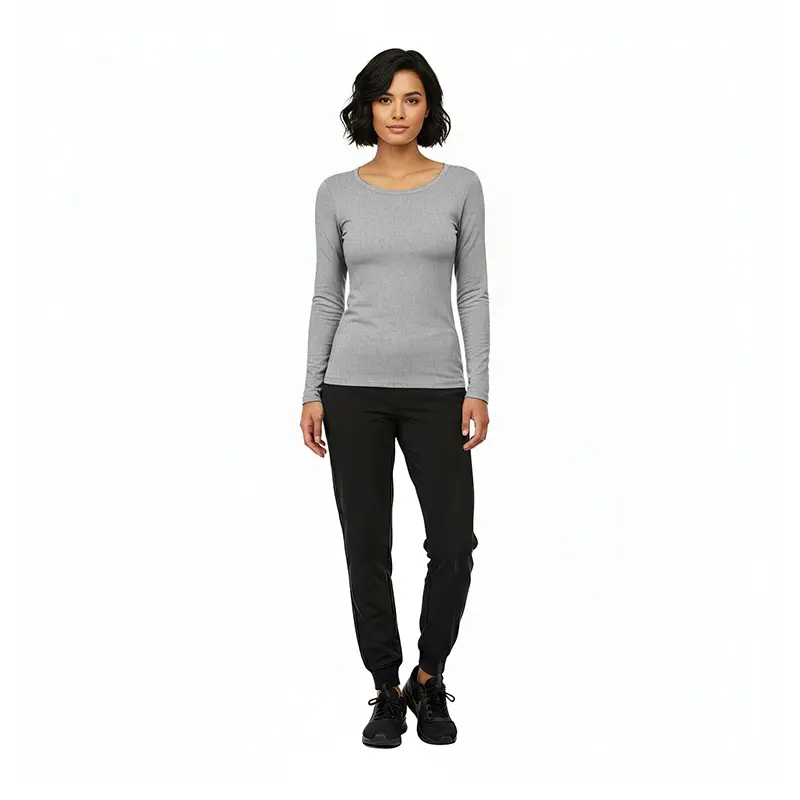 Wholesale women's gray long-sleeve crew neck top with black jogger pants and black lace-up shoes