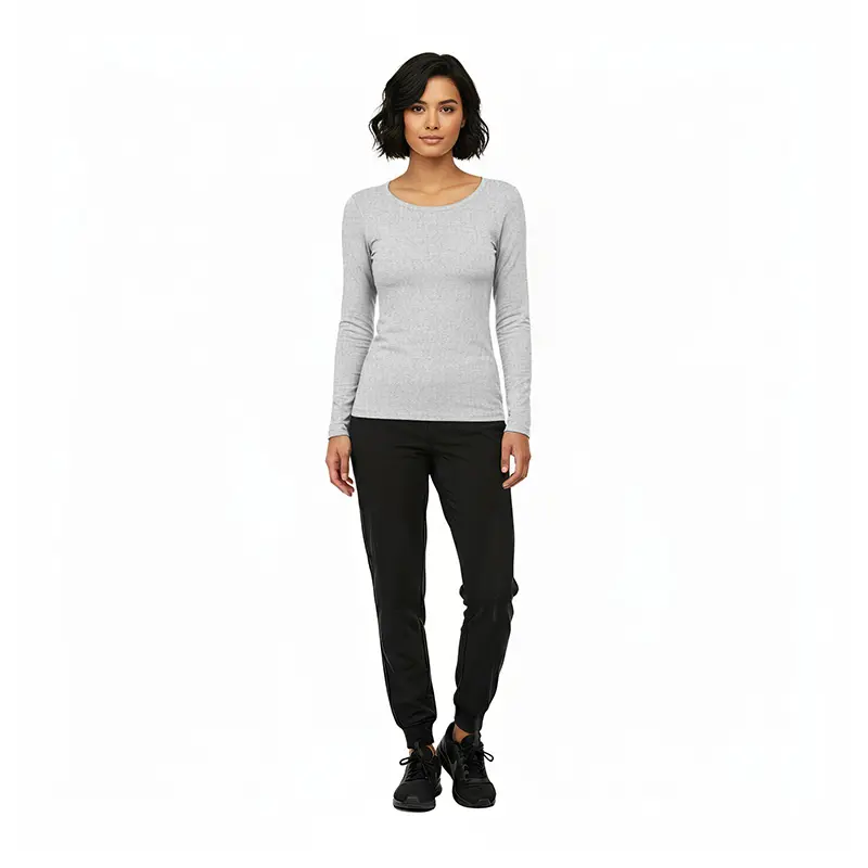 Wholesale women's gray long-sleeve crewneck top with black jogger pants and black lace-up shoes