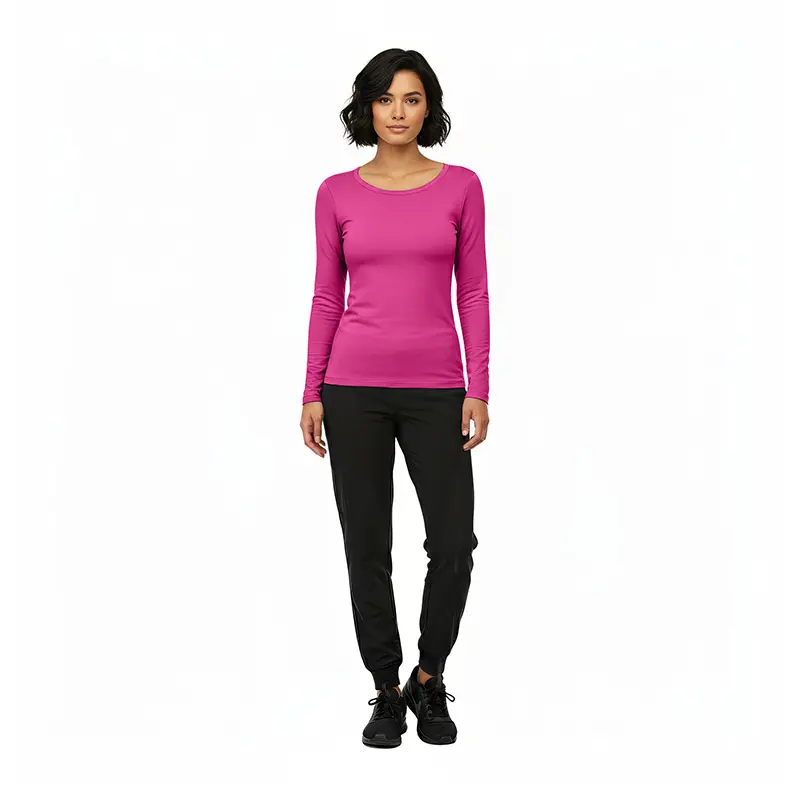 Wholesale women's pink long-sleeve crew neck top with black jogger pants and black lace-up shoes