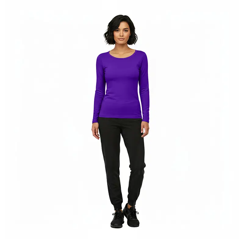 Wholesale women's purple long sleeve crew neck top with black jogger pants and black lace-up shoes