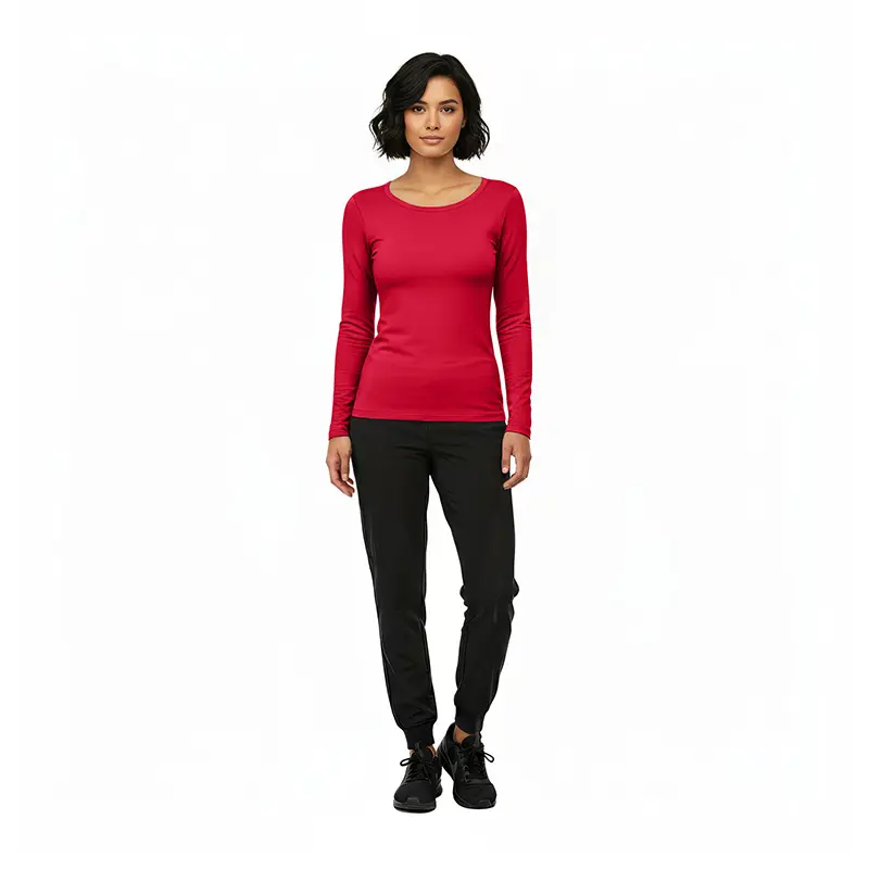 Wholesale women's red long-sleeve crew neck top paired with black jogger pants and black lace-up shoes