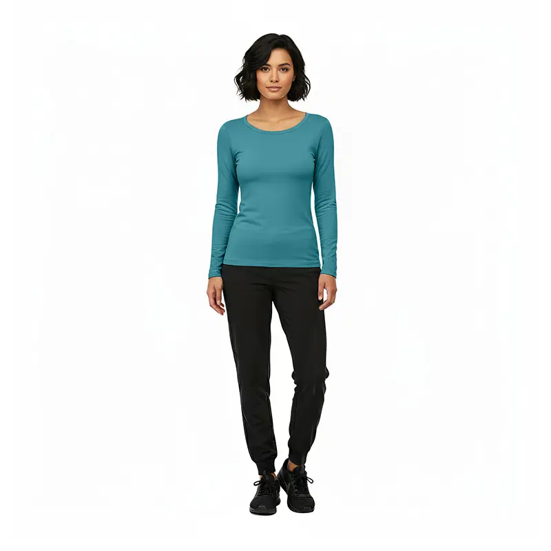 Wholesale women's teal long-sleeve crew neck top with black jogger pants and black lace-up shoes