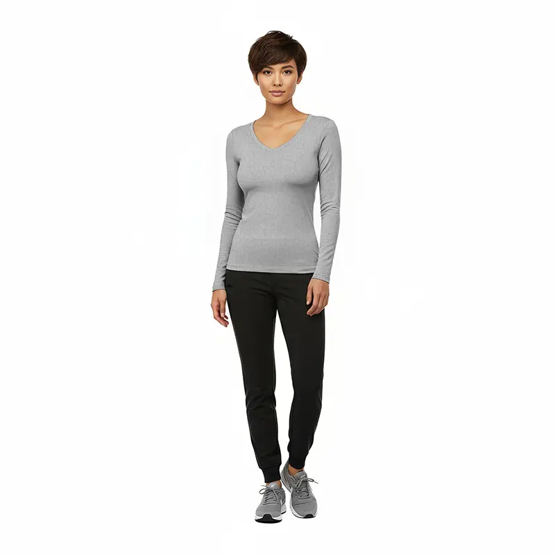 Wholesale women's gray long-sleeve v-neck top and black jogger pants with gray sneakers