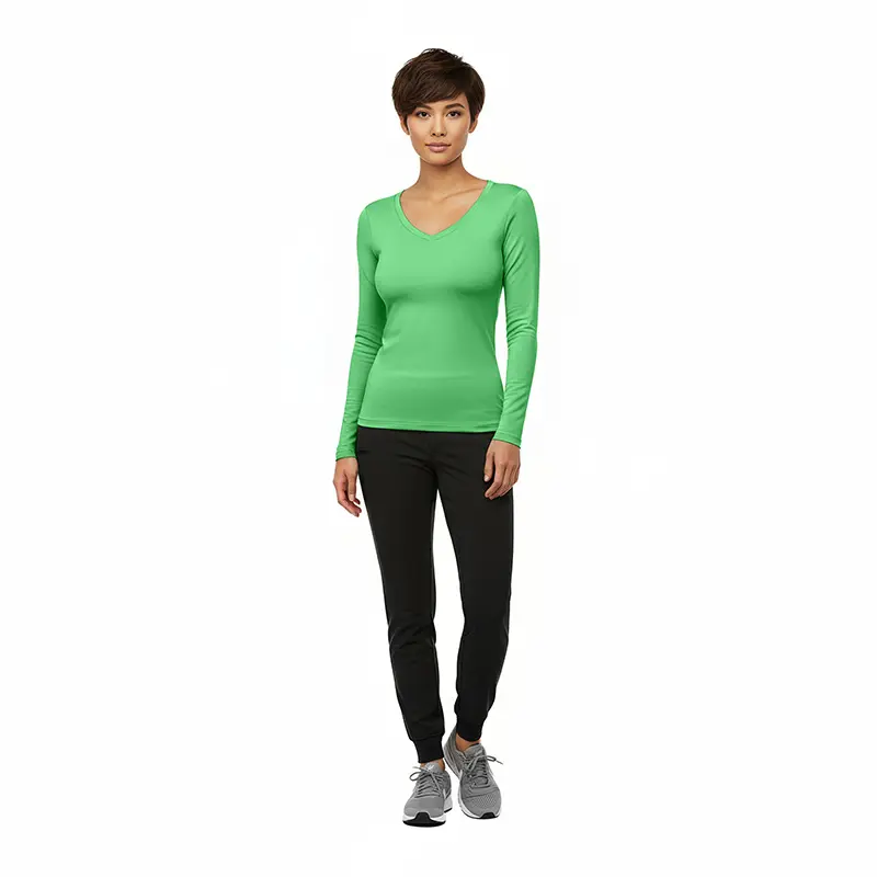 Wholesale women's green long-sleeve v-neck fitted top with black jogger pants and gray sneakers