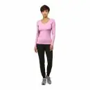 Wholesale women's pink long-sleeve v-neck top with black jogger pants and gray sneakers